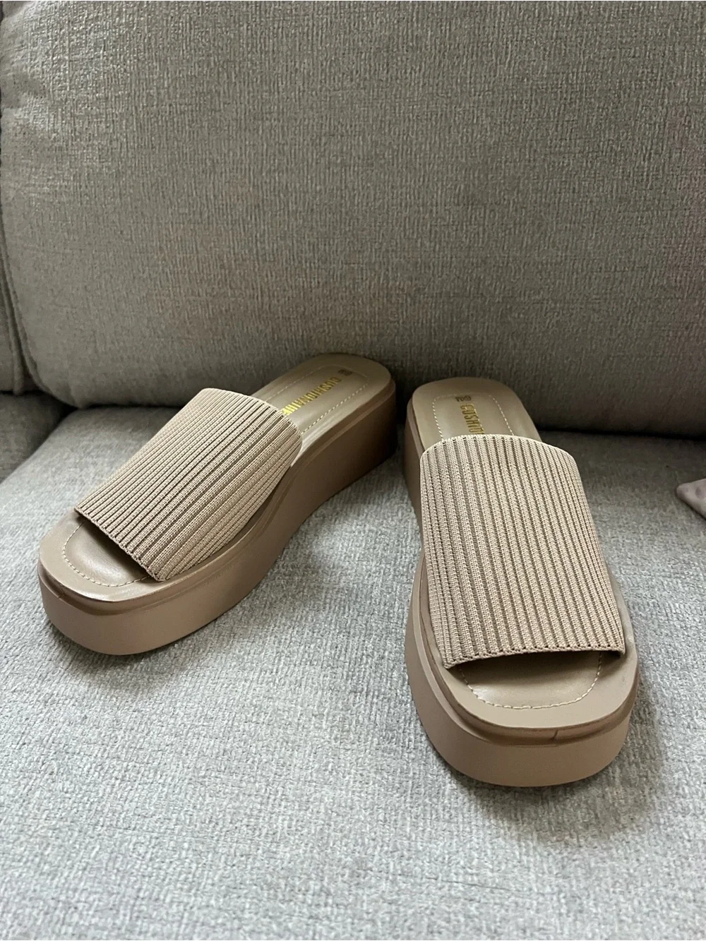 Ribbed Platform Slide Sandals in Tan